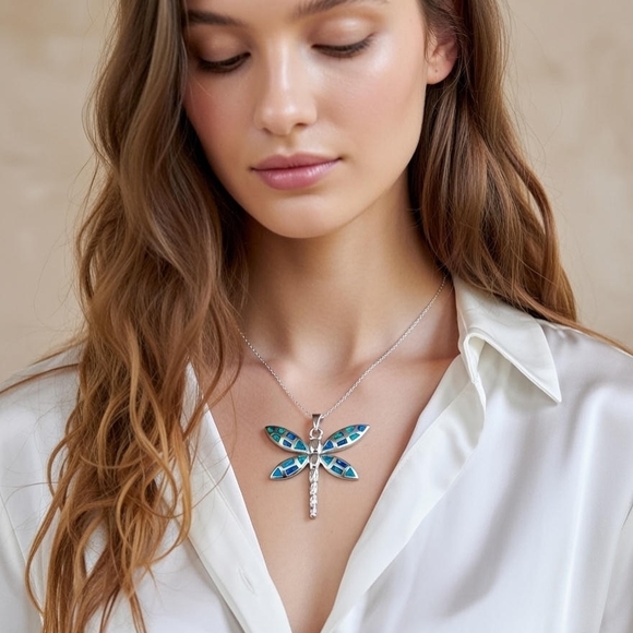 Sterling Jewelry - Blue Opal Sterling Silver Dragonfly Pendant Anf  Necklace Fine Jewelry Bug
